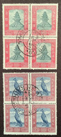 NEPAL 1959-1960 Two RARE USED BLOC OF FOUR 50 Paisa Temple + 1 R Pheasant Michel 125-126 VF (faisan Bird Oiseau - Nepal
