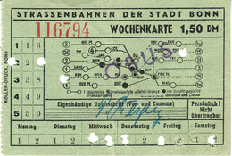 Bonn  ~1952 150 Pf Obus - Strassenbahn - Wochenkarte - Fahrschein Boleto Biglietto Ticket Billet - Europe