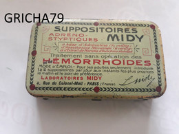 MEDECINE - BOITE METALLIQUE - SUPPOSITOIRES MIDY TRAITEMENT DES HEMORROIDES - LABORATOIRES MIDY PARIS - Medisch En Tandheelkundig Materiaal