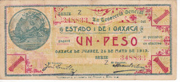 BILLETE DE MEXICO DE 1 PESO DEL ESTADO DE OAXACA DEL 24 DE MAYO DE 1915   (BANKNOTE) RARO - Mexico