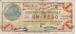 BILLETE DE MEXICO DE 1 PESO DEL ESTADO DE OAXACA DEL 19 DE JULIO DE 1915   (BANKNOTE) RARO - Mexico