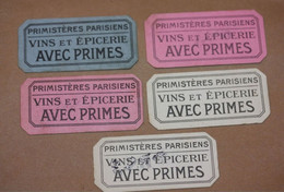 Lot Jetons Carton De Nécessité Paris "Bon Pour 1, 2 Et 5 Primes / Primistères Parisiens - Vins Et Epicerie Avec Primes" - Monétaires / De Nécessité