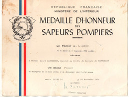 Diplôme Médaille D'Honneur Des Sapeurs Pompiers à Saint Lo Le 20 Novembre 1974 - Format : 27x21 Cm - Firemen