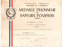 Diplôme Médaille D'Honneur Des Sapeurs Pompiers à Saint Lo Le 20 Novembre 1974 - Format : 27x21 Cm - Pompiers