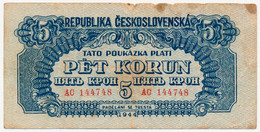 CZECHOSLOVAKIA - TCHÉCOSLOVAQUIE - TSCHECHOSLOWAKEI 5 KORUN Pick-46 1944 FINE - Cecoslovacchia