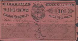 1896. COLOMBIA  Interesting REPUBLICA DE COLOMBIA 10 VALOR DECLARADO. Defect. Unusual.  - JF432220 - Colombia
