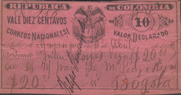 1896. COLOMBIA  Interesting REPUBLICA DE COLOMBIA 10 VALOR DECLARADO. Defect. Unusual.  - JF432221 - Colombia