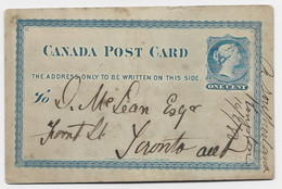 CANADA ONE CENT POST CARD MANUSCRIT KINGTON 16.6.1880 TO TORONTO - 1860-1899 Victoria