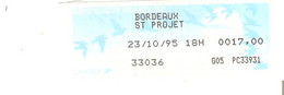 TIMBRE FRANCE VIGNETTE AFFRANCHISSEMENT  OISEAUX DE JUBERT BORDEAUX ST PROJET 17 FR 1995 - 1990 Type « Oiseaux De Jubert »