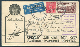 1933 New Zealand "Faith In Australia" (Wellington) Auckland - Invercargill Airmail Flight Cover - Luchtpost