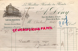 87- LIMOGES- RARE FACTURE VETEMENTS  A. DONY -2 RUE DES HALLES-PLACE MOTTE  1912- CENTRAL HOTEL - Textile & Vestimentaire