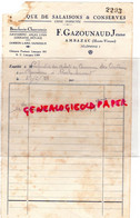 87- AMBAZAC - RARE FACTURE F. GAZOUNAUD JEUNE- FABRIQUE SALAISONS CONSERVES-BOUCHERIE CHARCUTERIE  1938- - Alimentos