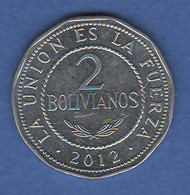 Bolivia 2 Bolivianos 2012 Estado De Bolivia Steel Coin - Bolivie