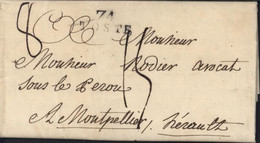 Seine Maritime Marque Postale 74 TOSTE (Totes) (23x9,5) Du 24 Nov 1815 Taxe Manuscrite 8 Et 15 Pour Montpellier - 1801-1848: Precursors XIX