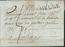 Deux Sèvres Marque Postale Noire 75 MELLE (30x11) 25 FEV 1813 Pour Bordeaux Taxe Manuscrite 5 Lettre De La Poignière - 1801-1848: Precursors XIX