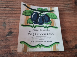 Old Label - Brandy, šljivovica, Around 1920, Croatia, Kingdom Yugoslavia, Osijek, RR - Alcohols & Spirits