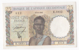 Banque De L'Afrique Occidentale 25 Francs 17 8 1943, Alph : E 1852 N° 412, Non Circuler, Avec Son Craquant D’origine - Other - Africa