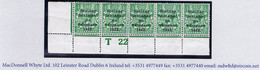 Ireland 1922 Thom Rialtas Blue-black Ovpt On ½d Green, Control T22 Perf, Corner Strip Of 5 Mint Hinge Remainders - Unused Stamps