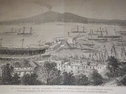 GRAVURE LANCEMENT DU NAVIRE CUIRASSE ITALIA  A CASTELLAMARE 1880 - Boats