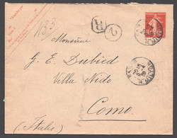 1909 Enveloppe Semeuse 10c Yv 138-E4 Sans Date Recommandée Pour L'Italie - Enveloppes Types Et TSC (avant 1995)