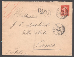 1909 Enveloppe Semeuse 10c Yv 138-E4 Sans Date Recommandée Pour L'Italie - Standaardomslagen En TSC (Voor 1995)