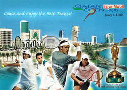 Postcard - Qatar Open ExxonMobil Tennis Tournament 2005 - Sports Players Falcon Trophy Doha Buildings Ball Racquet - Qatar