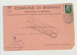 BUSTA CON LETTERA - COMUNE DI BIENNO (BRESCIA) DEL 1943 - ANNULLO AL MITTENTE NON POTUTO RECAPITARE EVENTI BELLICI WW2 - Marcophilie (Avions)