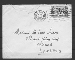 Enveloppe Avec N° 334  1,50F CHAMONIX  MONT BLANC  /skieur /1937 Oblit PARIS  Gare Saint Lazare Pour LONDRES - 1921-1960: Période Moderne