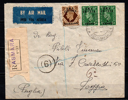 ERITREA - 26.3.1949 - RACCOMANDATA DA ASMARA VERSO L'ITALIA - SOVRASTAMPA B.M.A. - VALORE DA 1 SHILLING + COPPIA DA 5 C. - Eritrea