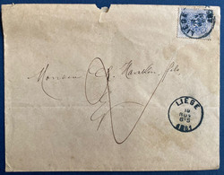 Belgique Lettre 1881 De Liège Pour En Ville Sans Timbre Donc Taxée N°2 20c Outremer Dateur Bleu LIèg TTB - Covers & Documents