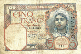 TUNISIA FRANCAICE 5 FRANCS ORANGE WOMAN FRONT & WOMAN BACK DATED 01-02-1941 P7b AVF READ DESCRIPTION CAREFULLY !! !! - Tunisie