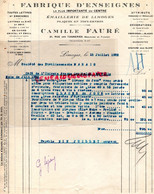 87- LIMOGES- FACTURE CAMILLE FAURE-FABRIQUE ENSEIGNES EMAILLERIE EMAIL-31 RUE TANNERIES- 1923- CAFE DE L' UNIVERS - Stamperia & Cartoleria