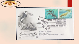 O) 1990 UNITED STATES - USA. KILLER WHALE, NORTHERN SEA LION, CREATURES OF THE SEA, FDC XF - 1981-1990