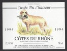 Etiquette De Vin Des Côtes Du Rhône 1994  -  Cuvée Du Chasseur  -  Chasse Chien - Illustrateur C. Cecchi - Chiens