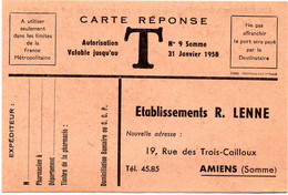 SOMME - Dépt N° 80 = AMIENS 1958 = CARTE REPONSE T  ' Etablissements LENNE ' - Karten/Antwortumschläge T