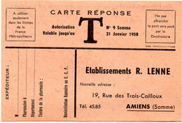 SOMME - Dépt N° 80 = AMIENS 1958 = CARTE REPONSE T  ' Etablissements LENNE ' - Cards/T Return Covers
