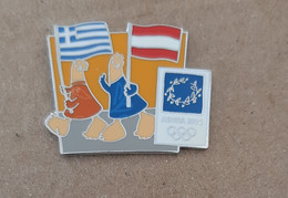 Athens 2004 Olympic Games - Mascots With E.U. Flags, Greece - Austria Flags Pin - Jeux Olympiques