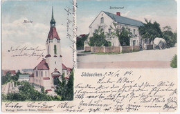 SKÄSSCHEN Stadt Großenhain Sachsen Color Restaurant Materialwaren Planwagen Gelaufen Datiert 30.12. 1904 Marke Entfernt - Grossenhain