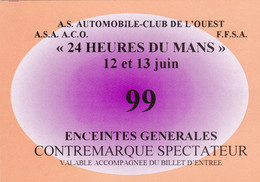 SPORT AUTO. 24 HEURES DU MANS 1999. LA BILLETTERIE. CONTREMARQUE SPECTATEUR. ENCEINTES GENERALES - Automobile - F1