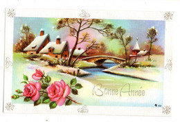Nouvel An - Bonne Année- Mignonette --Paysage De Neige, Village Et Pont,roses .........à Saisir - Nieuwjaar