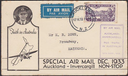 SPECIAL NON STOP FLIGHT COVER AUCKLAND - INVERCARGILL DEC 1933 - Airmail