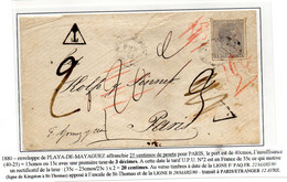 1880 Porto Rico - Enveloppe De Playa De Mayaguez Affr. 25 Centimos Pour Paris Taxe 3 Déc. Rectifiée 2déc. (tarif UPU) - Porto Rico