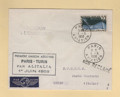 Premiere Liaison Aerienne Paris Turin - 1-6-1958 - First Flight Covers