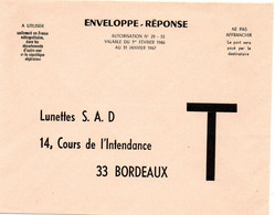 GIRONDE - Dépt N° 33 = BORDEAUX 1967 = ENVELOPPE REPONSE T ' LUNETTES S.A.D.' - Cartes/Enveloppes Réponse T