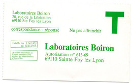 RHONE - Dépt N° 69 = STE FOY Lès LYON 1975 = CORRESPONDANCE REPONSE T  ' LABORATOIRES BOIRON ' - Cartes/Enveloppes Réponse T