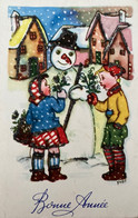 Bonne Année - Cpa Illustrateur YVON - Bonhomme De Neige - Pailletée Paillettes - New Year