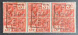 BELTF1925-16Ux3h - Revenue Stamp - King Albert I And Lion - Stripe Of 3 X 3 F Used Stamps - Belgium - 1925 - Stamps