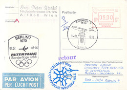 Belgium Flight Card Franked W/1987 ATM Urophilex 87 Posted Interflug Flight From Berlin To Calgary Olympic Games - ATM - Frama (viñetas)