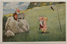 DWARFS ZWERG GNOME, SIGNED W. SCHEUERMANN A FAIRY TALE, MUSIC, ACCORDION, COUPLE, OLD POSTCARD 1923. - Scheuermann, Willi