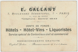 Une Ancienne Carte De Visite - Vente De Fonds : Hôtel Vins - E Gallant - Paris - Visiting Cards